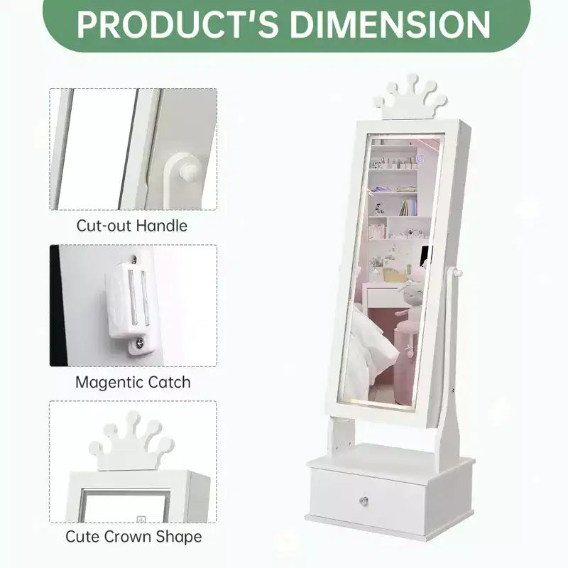 Armoire à bijoux pour enfants avec miroir pleine longueur, organiseur à bijoux autoportant de 46 pouces avec tiroirs de rangement, meuble à bijoux pour enfants