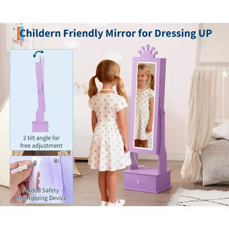 Armoire à bijoux pour enfants avec miroir pleine longueur, organiseur à bijoux autoportant de 46 pouces avec tiroirs de rangement, meuble à bijoux pour enfants