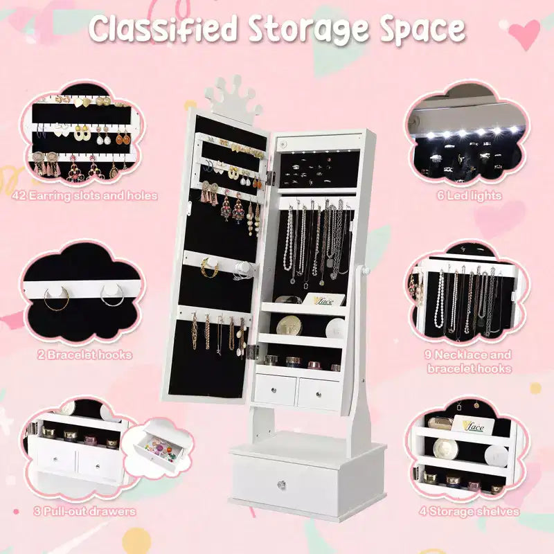 Armoire à bijoux pour enfants avec miroir pleine longueur, organiseur à bijoux autoportant de 46 pouces avec tiroirs de rangement, meuble à bijoux pour enfants