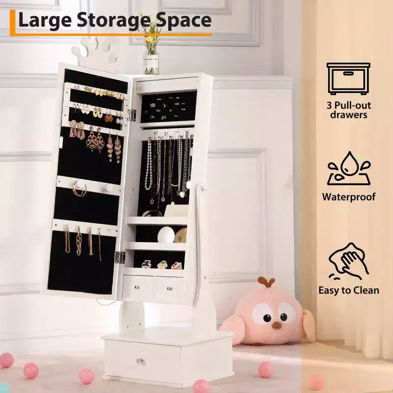 Armoire à bijoux pour enfants avec miroir pleine longueur, organiseur à bijoux autoportant de 46 pouces avec tiroirs de rangement, meuble à bijoux pour enfants
