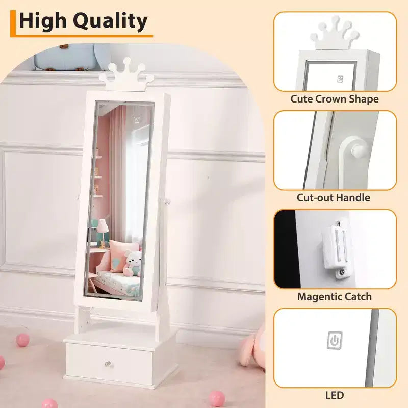 Armoire à bijoux pour enfants avec miroir pleine longueur, organiseur à bijoux autoportant de 46 pouces avec tiroirs de rangement, meuble à bijoux pour enfants