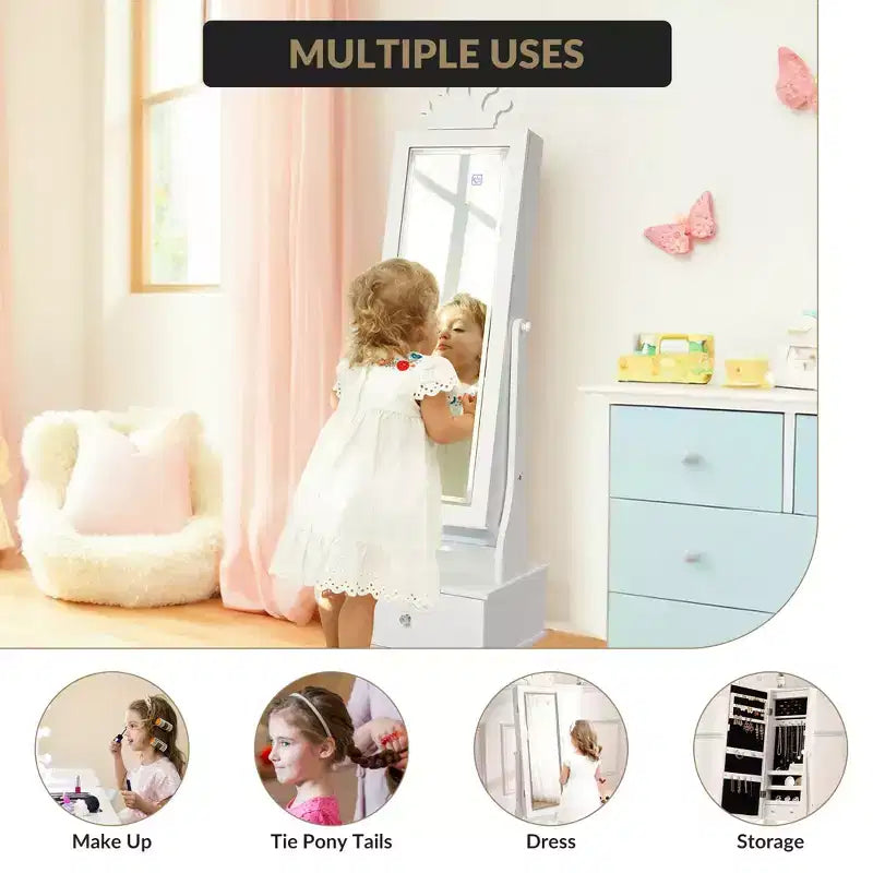 Armoire à bijoux pour enfants avec miroir pleine longueur, organiseur à bijoux autoportant de 46 pouces avec tiroirs de rangement, meuble à bijoux pour enfants