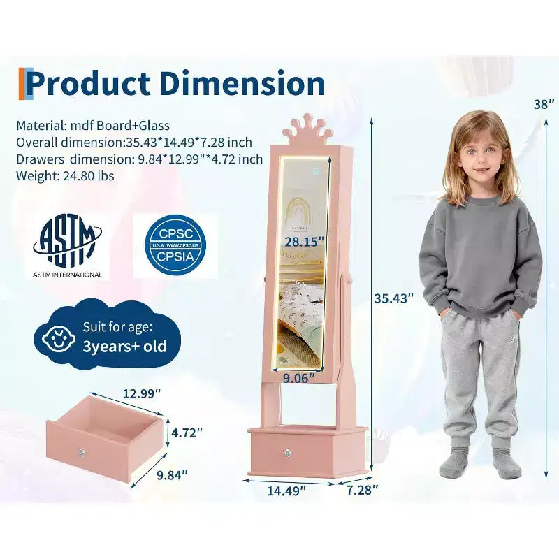 Armoire à bijoux pour enfants avec miroir pleine longueur, organiseur à bijoux autoportant de 46 pouces avec tiroirs de rangement, meuble à bijoux pour enfants