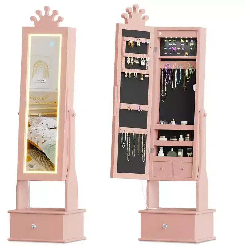 Armoire à bijoux pour enfants avec miroir pleine longueur, organiseur à bijoux autoportant de 46 pouces avec tiroirs de rangement, meuble à bijoux pour enfants