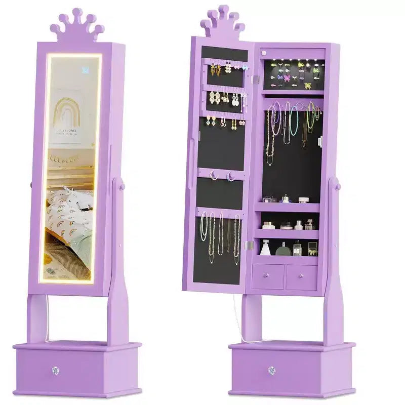 Armoire à bijoux pour enfants avec miroir pleine longueur, organiseur à bijoux autoportant de 46 pouces avec tiroirs de rangement, meuble à bijoux pour enfants