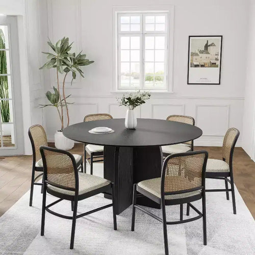 Table à manger ronde en bois massif de 52 x 52 po avec fini noir et pieds arqués élégants pour salles à manger et cuisines modernes