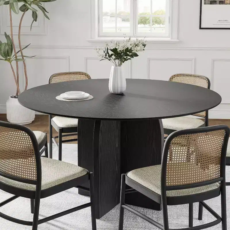 Table à manger ronde en bois massif de 52 x 52 po avec fini noir et pieds arqués élégants pour salles à manger et cuisines modernes