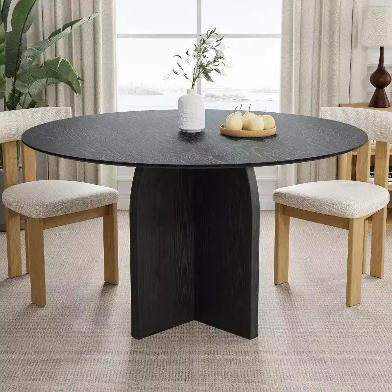 Table à manger ronde en bois massif de 52 x 52 po avec fini noir et pieds arqués élégants pour salles à manger et cuisines modernes