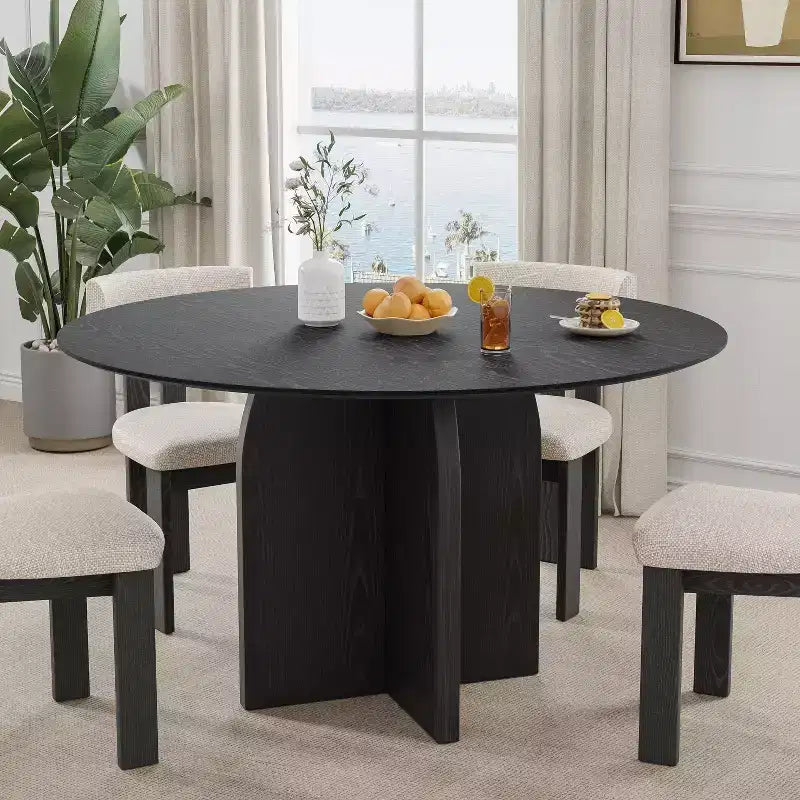 Table à manger ronde en bois massif de 52 x 52 po avec fini noir et pieds arqués élégants pour salles à manger et cuisines modernes
