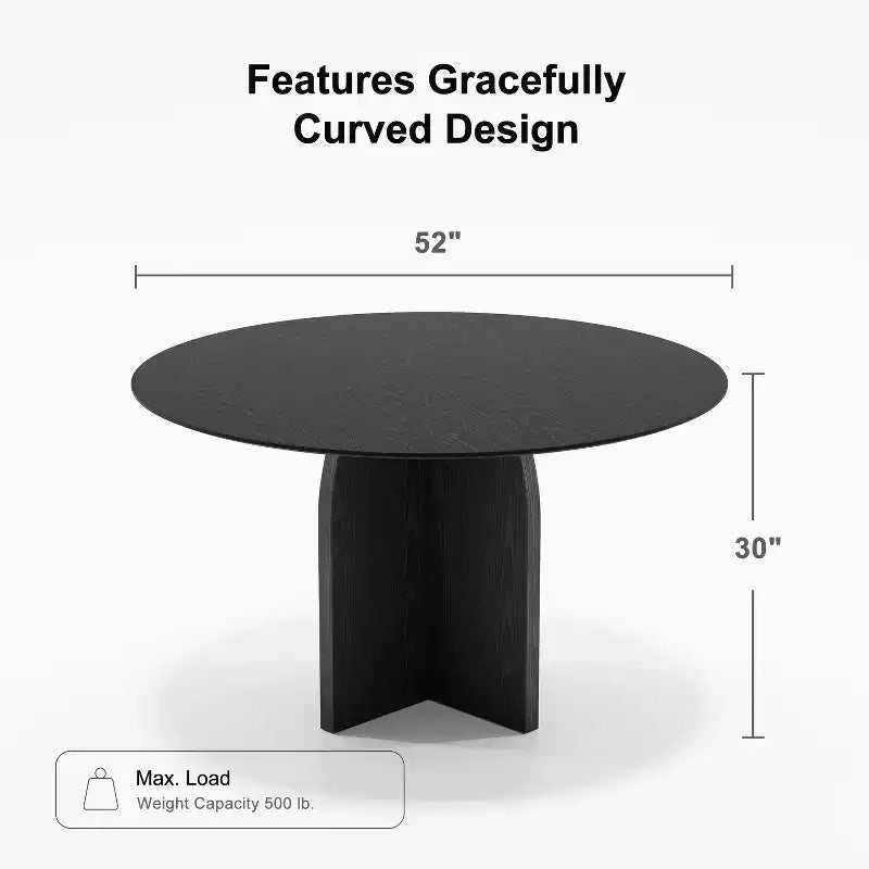 Table à manger ronde en bois massif de 52 x 52 po avec fini noir et pieds arqués élégants pour salles à manger et cuisines modernes