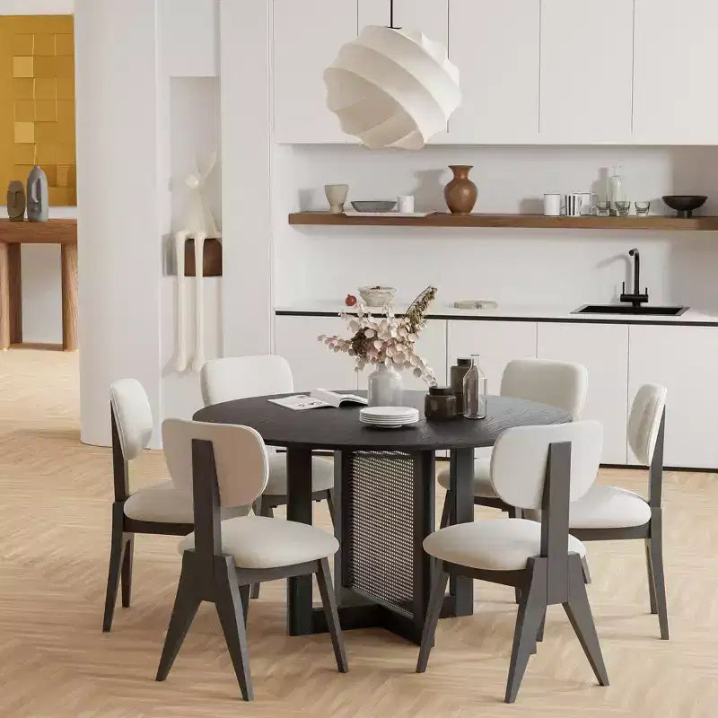 PexFix 52 x 52 Farmhouse Kitchen Dining Room Table Furniture Round Black Kitchen Table with Rattan Woven Legs for Kitchen Bar Living Room
