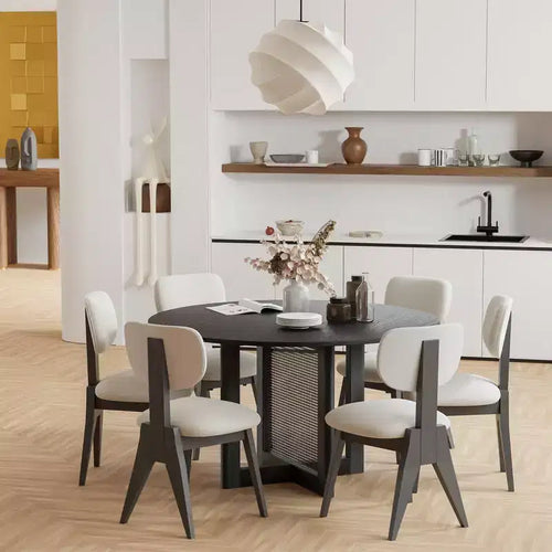 PexFix 52 x 52 Farmhouse Kitchen Dining Room Table Furniture Round Black Kitchen Table with Rattan Woven Legs for Kitchen Bar Living Room