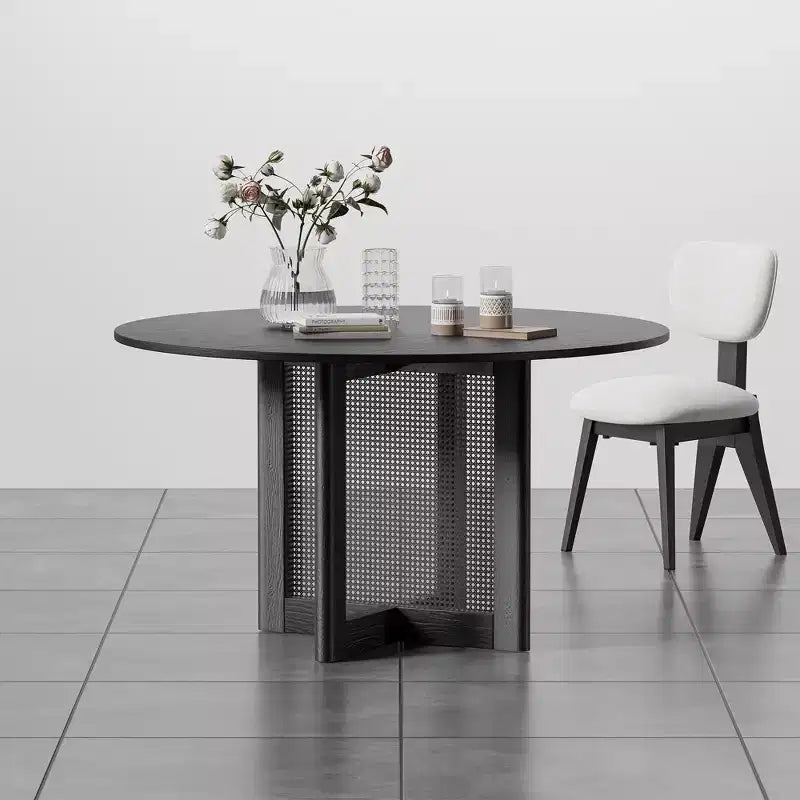 Table de salle à manger de ferme 52 x 52 pouces, meuble rond noir pour cuisine avec pieds en rotin tressé pour cuisine, bar, salon
