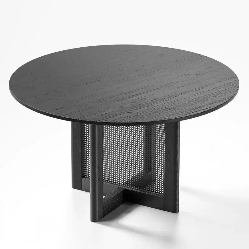 Table de salle à manger de ferme 52 x 52 pouces, meuble rond noir pour cuisine avec pieds en rotin tressé pour cuisine, bar, salon