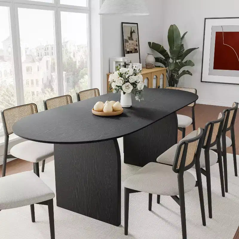 Table de salle à manger 79 x 33,5 en bois massif style campagnard avec pieds arqués, ovale, noire pour salle à manger et cuisine