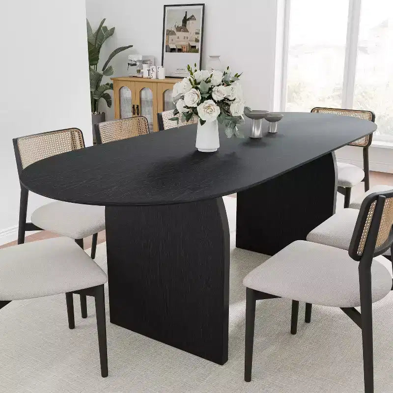 Table de salle à manger 79 x 33,5 en bois massif style campagnard avec pieds arqués, ovale, noire pour salle à manger et cuisine