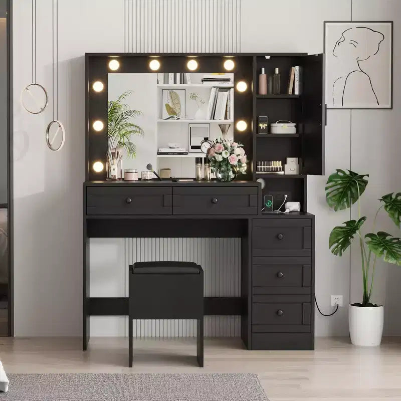 Vanity Desk, Makeup Table - with Lights & Stool, 3-Color LED Mirror, Charging Station & Hidden Storage, Modern Black Vanity Set