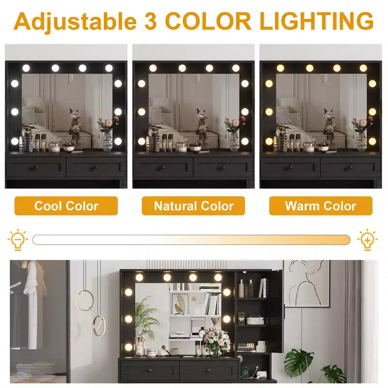 Coiffeuse - avec lumières et tabouret, miroir LED 3 couleurs, station de charge et rangement caché, ensemble de coiffeuse moderne noir