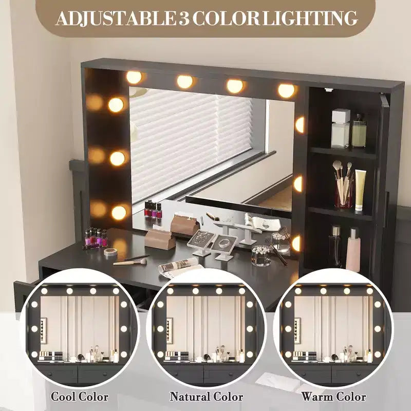 Coiffeuse - avec lumières et tabouret, miroir LED 3 couleurs, station de charge et rangement caché, ensemble de coiffeuse moderne noir