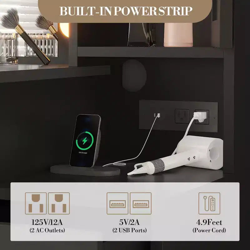 Coiffeuse - avec lumières et tabouret, miroir LED 3 couleurs, station de charge et rangement caché, ensemble de coiffeuse moderne noir
