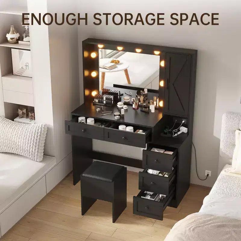 Coiffeuse - avec lumières et tabouret, miroir LED 3 couleurs, station de charge et rangement caché, ensemble de coiffeuse moderne noir
