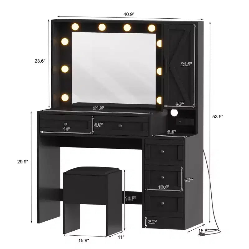 Coiffeuse - avec lumières et tabouret, miroir LED 3 couleurs, station de charge et rangement caché, ensemble de coiffeuse moderne noir