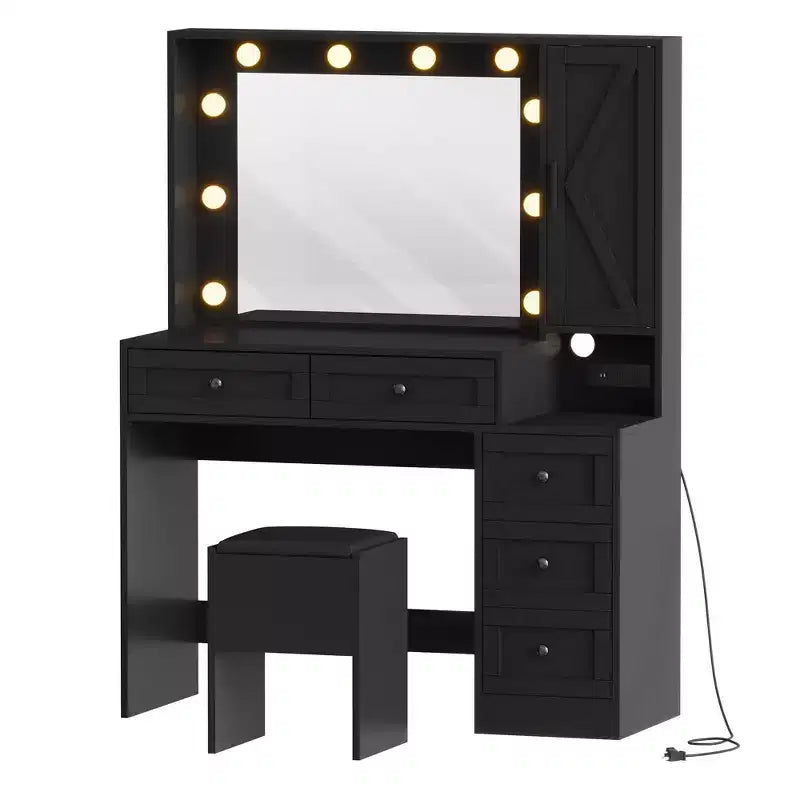 Coiffeuse - avec lumières et tabouret, miroir LED 3 couleurs, station de charge et rangement caché, ensemble de coiffeuse moderne noir