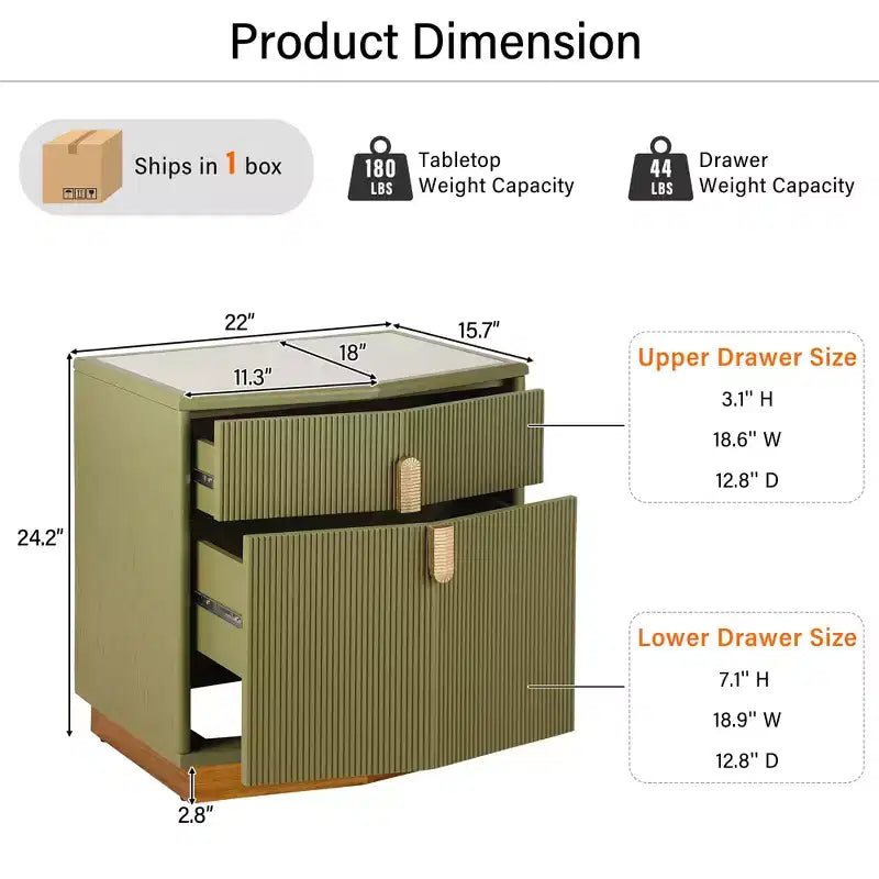 Table de chevet de rangement moderne bombée avec 2 tiroirs (lot de 2)
