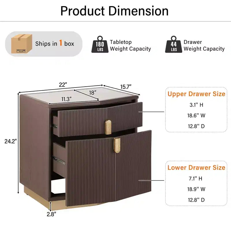 Table de chevet de rangement moderne bombée avec 2 tiroirs (lot de 2)
