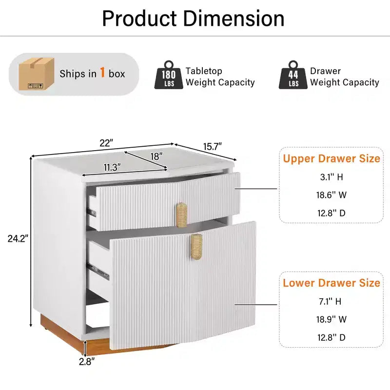 Table de chevet de rangement moderne bombée avec 2 tiroirs (lot de 2)