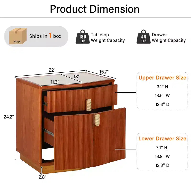 Table de chevet de rangement moderne bombée avec 2 tiroirs (lot de 2)