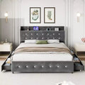 Queen Size Bed Frame with Storage - Upholstered Platform Bed with Charging Station, Trundle & 4 Drawers, Grey