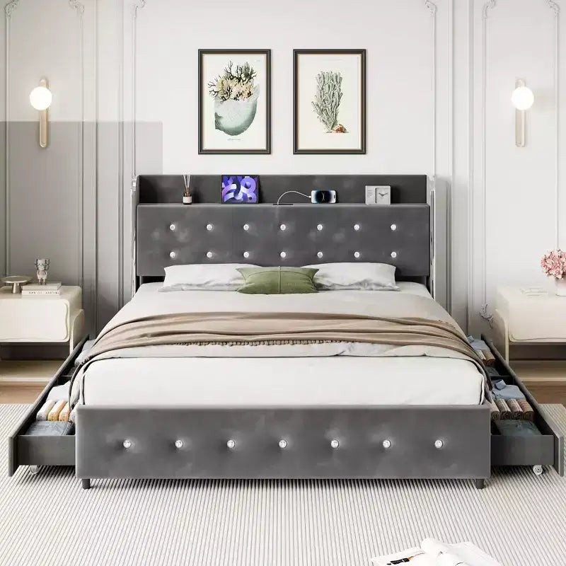 Queen Size Bed Frame with Storage - Upholstered Platform Bed with Charging Station, Trundle & 4 Drawers, Grey