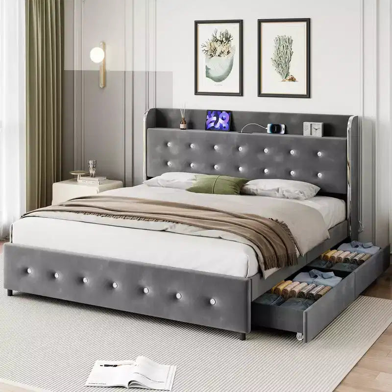 Cadre de lit Queen Size avec rangement - Lit plateforme rembourré avec station de recharge, lit gigogne et 4 tiroirs, Gris