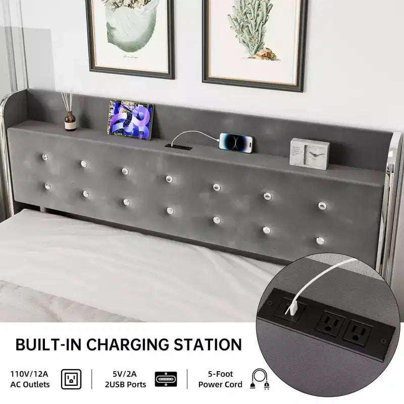 Cadre de lit Queen Size avec rangement - Lit plateforme rembourré avec station de recharge, lit gigogne et 4 tiroirs, Gris