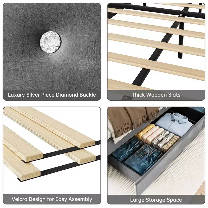 Cadre de lit Queen Size avec rangement - Lit plateforme rembourré avec station de recharge, lit gigogne et 4 tiroirs, Gris