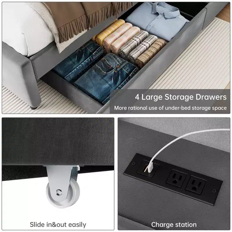 Cadre de lit Queen Size avec rangement - Lit plateforme rembourré avec station de recharge, lit gigogne et 4 tiroirs, Gris