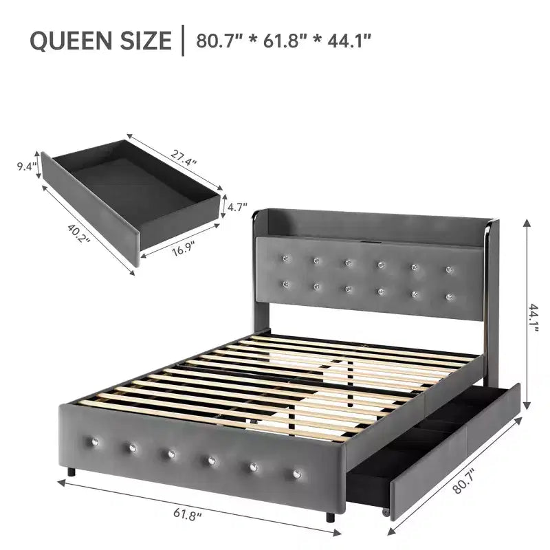 Cadre de lit Queen Size avec rangement - Lit plateforme rembourré avec station de recharge, lit gigogne et 4 tiroirs, Gris