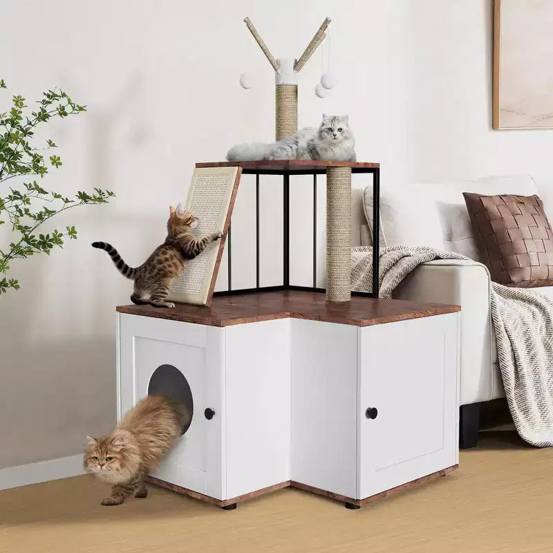 Modern 2-in-1 Cat Tree and Litter Box Enclosure with Odor-Resistant Surfaces, Multi-Level Tower