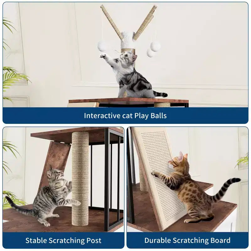 Arbre à chat et cachette de litière 2 en 1 moderne avec surfaces anti-odeurs, tour multi-niveaux