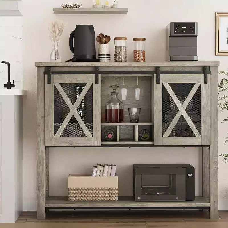 Meuble Bar de Ferme avec Range-verres à Vin - Buffet Commode avec Porte Coulissante pour Cuisine, Salle à Manger et Salon