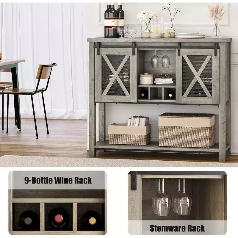 Meuble Bar de Ferme avec Range-verres à Vin - Buffet Commode avec Porte Coulissante pour Cuisine, Salle à Manger et Salon