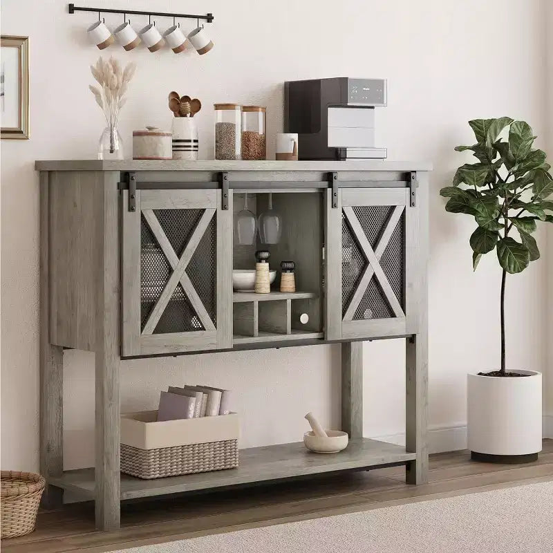Meuble Bar de Ferme avec Range-verres à Vin - Buffet Commode avec Porte Coulissante pour Cuisine, Salle à Manger et Salon