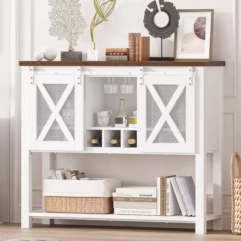 COZONY Farmhouse Bar Cabinet with Wine Glass Rack - Buffet Sideboard with Barn Door for Kitchen, Dining & Living Room