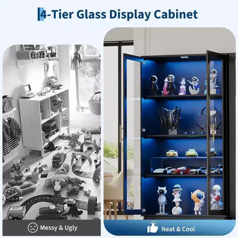 Vitrine en verre, vitrine 4 niveaux, vitrine avec capteur de corps humain, meuble de rangement d'angle pour objets de collection/jouets/livres