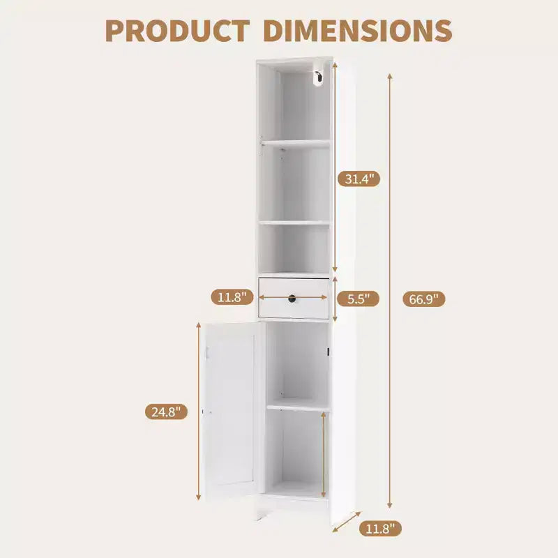 66 en Meuble de salle de bain étroit à porte unique avec tiroir, Rangement peu encombrant, Étagères réglables pour salle de bain, cuisine, salon