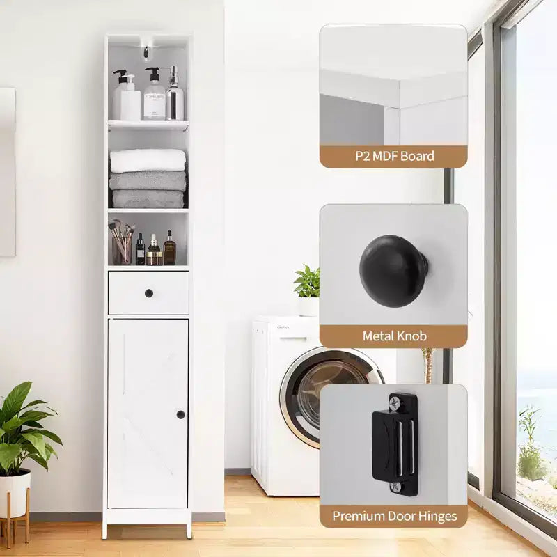 66 en Meuble de salle de bain étroit à porte unique avec tiroir, Rangement peu encombrant, Étagères réglables pour salle de bain, cuisine, salon