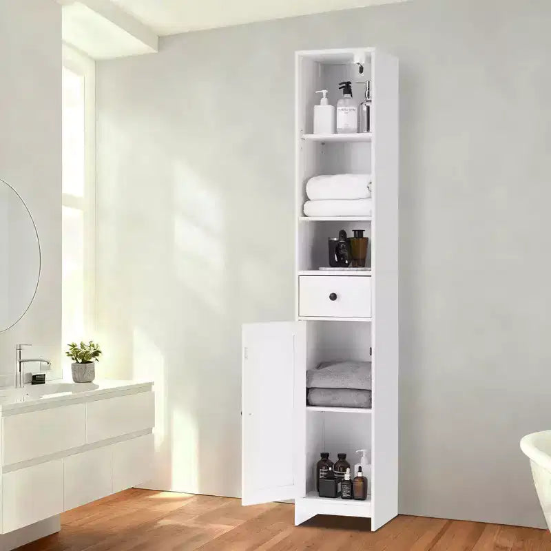 66 en Meuble de salle de bain étroit à porte unique avec tiroir, Rangement peu encombrant, Étagères réglables pour salle de bain, cuisine, salon