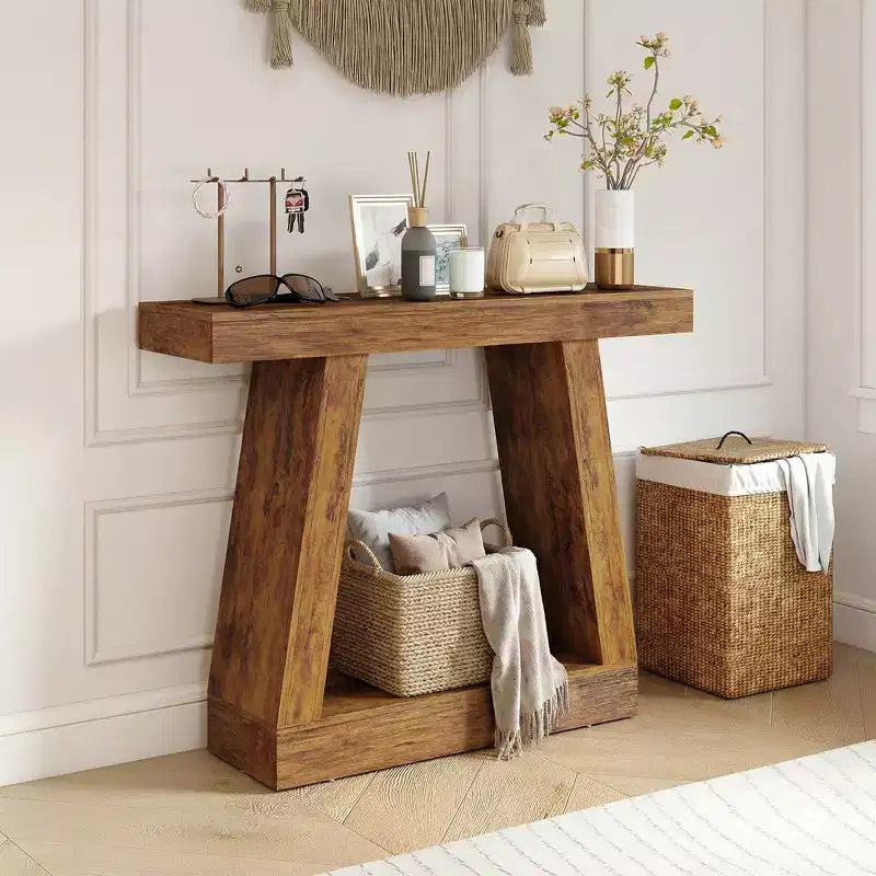 HOMCOM Console de Ferme, Table d'Entrée à 2 Niveaux avec Rangement et Plateau Épaissi pour Couloir, Salon, Derrière un Canapé, Marron Foncé