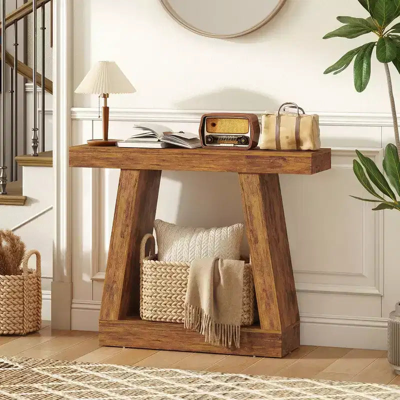 HOMCOM Console de Ferme, Table d'Entrée à 2 Niveaux avec Rangement et Plateau Épaissi pour Couloir, Salon, Derrière un Canapé, Marron Foncé